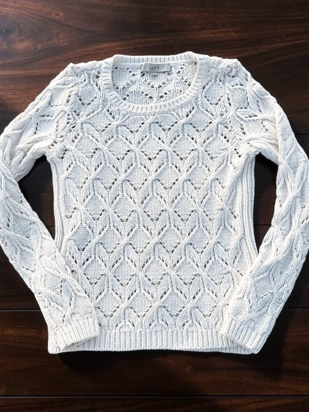 LOFT Cream Cable Knit Openwork Pointelle Sweater Off White Crew Neck